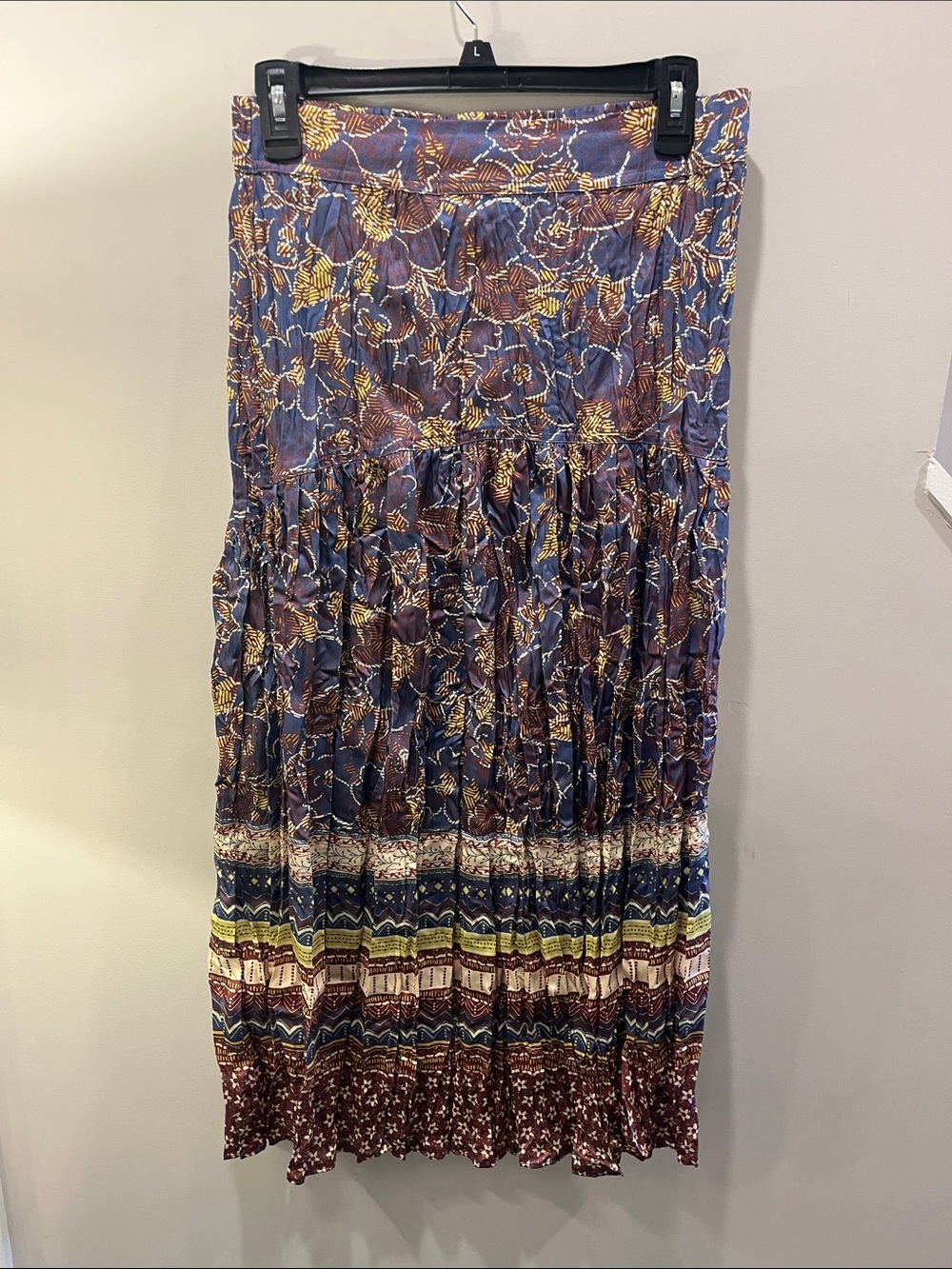 Current Air Floral & Stripe Tiered Maxi Skirt in Blue, Brown & Yellow
